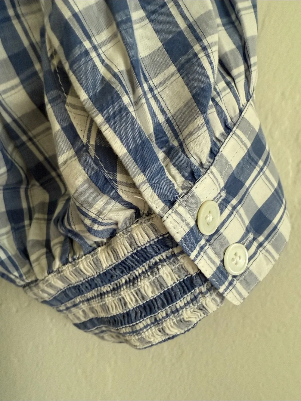 Madewell Blue and White Plaid Puff Sleeve Button-Front Top